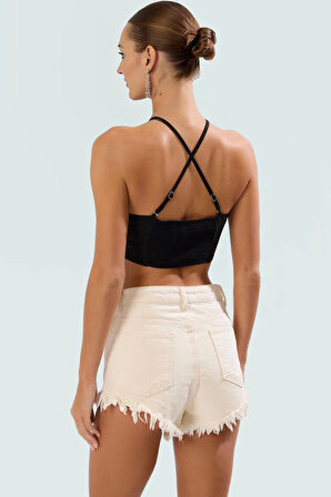 Aksesuarlı Plaj Bluz Nefes Alan Keten Karışımlı Dokuma Kolsuz Hakim Yaka Rahat Ve Şık