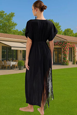 Şık ve Rahat Pamuklu Viskoz Plaj Elbisesi Püskül Detaylı Midi Dayanıklı Malzeme Kaliteli İşçilik