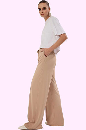 Kadın Pike Örme Pantolon Yüksek Bel Geniş Paça Casual Stil Günlük Kullanım Kaliteli Malzeme