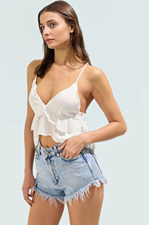 Kadın Yazlık Kolsuz Örme Bluz Volanlı Degaje Yaka Özel Tasarım Özenle Seçilmiş Rahat Ve Şık