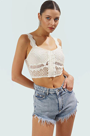 Kolsuz Dantelli Örme Bluz Plaj Günlük Yazlık Fitted Basic Uzun Ömürlü Rahat Kullanım