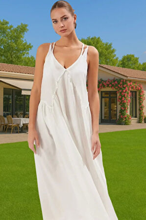 Yazlık Kadın Maxi Plaj Elbisesi V Yaka Dokuma Crinkle Kumaş Mükemmel Uyum Zarifane Tasarım