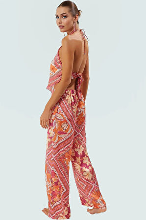 Rahat ve Şık Plaj Takımı Saten Kumaşlı Şal Desenli Bluz Pantolon Kaliteli İşçilik Konforlu Kesim