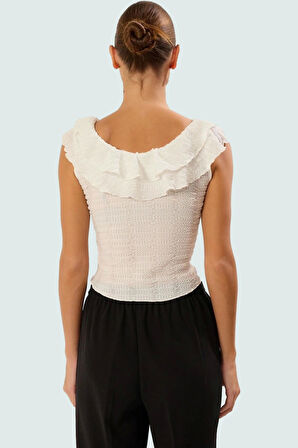 Kolsuz Fitted Örme Bluz Havuz Yaka Crop Boy Polyester Günlük Kullanım İçin Özel Tasarım