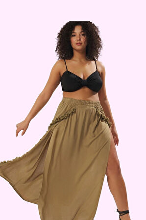 Kadın Plaj Etek Maxi Boy Viskoz Yırtmaçlı Püsküllü Dokuma Günlük Kullanım Kaliteli Malzeme