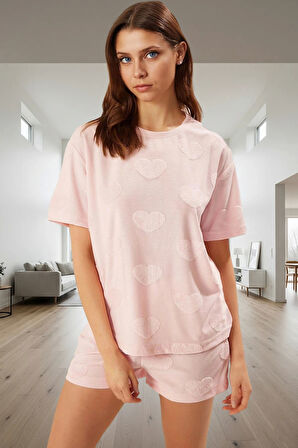 Pamuklu Örme Pijama Takımı Kalpli Desenli Regular Kalıp Zarifane Tasarım Seçkin Malzeme