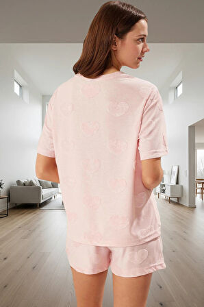 Pamuklu Örme Pijama Takımı Kalpli Desenli Regular Kalıp Zarifane Tasarım Seçkin Malzeme