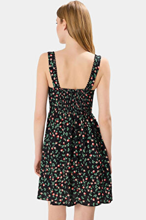 Çiçekli Agraflı Mini Elbise Viskoz Kumaş Skater Kalıp Yazlık Profesyonel Görünüm