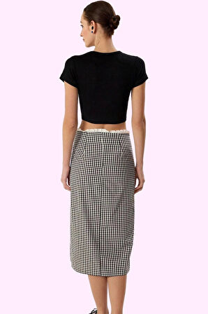 Kadın Ekoseli A line Midi Etek Belden Düğmeli Fırfırlı Yazlık Tasarım Yaz Aylarının Vazgeçilmezi