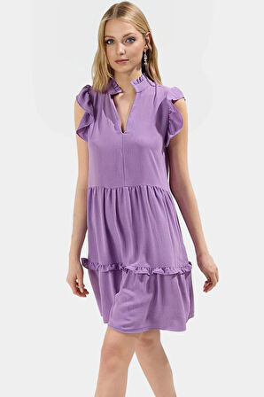 Rahat Günlük Mini Elbise Volanlı Detaylar Hafif Yazlık Dokuma Kumaş Zarifane Tasarım