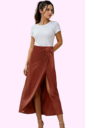 Kadın Yazlık Günlük Maxi Etek A line Dokuma Kumaş Büzgü Detaylı Yırtmaçlı Kaliteli Malzeme