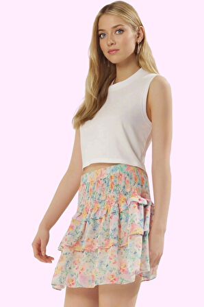 Kadın Mini Boy Kloş Şifon Etek Çok Çiçek Desenli Rahat Kesim Günlük Kullanım Modern Tasarım