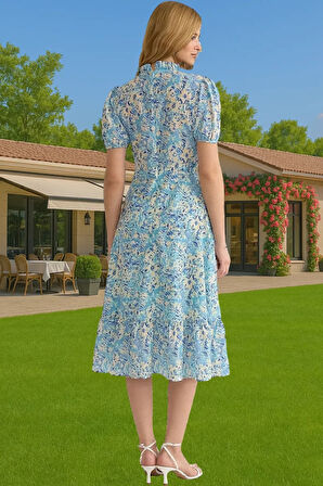 Şık A Kesim Midi Elbise Balon Kol Polyester Dokuma Yazlık Konforlu Kesim Rahat Ve Şık Seçkin Malzeme