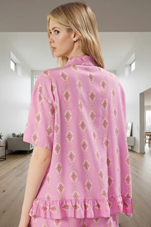 Rahat Viskoz Pijama Takımı Etnik Desenli Şortlu Yazlık Premium Kalite Zarifane Tasarım