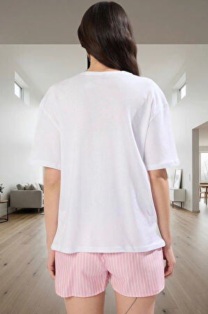 Yazlık Kadın Pijama Takımı; Şort ve Tişört Pamuklu Çizgili Rahat Şık Seçkin Malzeme