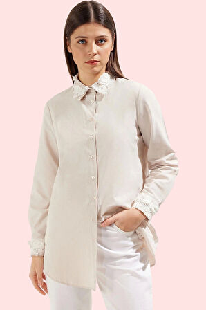 Kadın Gömlek Terrycotton Dokuma Dantel Detaylar Regular Kalıp Günlük Şıklık Modern Tasarım