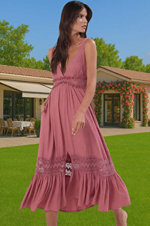 Yazlık Plaj Elbisesi Maxi Boy V Yaka Dokuma Crinkle Rahat Ve Şık Modern Stil Mükemmel Uyum