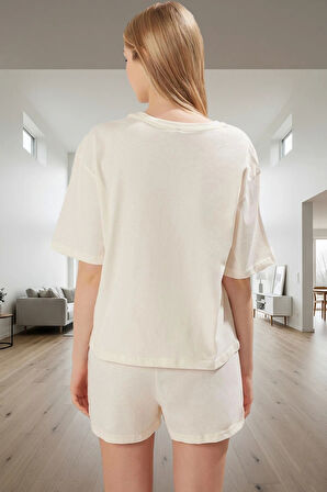 Kısa Kollu Pamuklu Pijama Takımı Kahve Desenli Rahat Uyku Modern Stil Kaliteli İşçilik