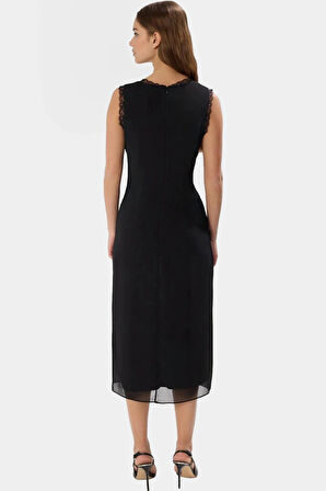 Yazlık Kolsuz Dantel Detaylı Midi Elbise A Kesim  Polyester Dokuma Trend Tasarım