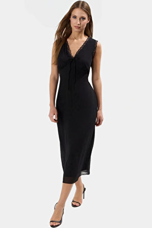 Yazlık Kolsuz Dantel Detaylı Midi Elbise A Kesim  Polyester Dokuma Trend Tasarım