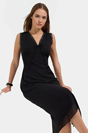 Yazlık Kolsuz Dantel Detaylı Midi Elbise A Kesim  Polyester Dokuma Trend Tasarım