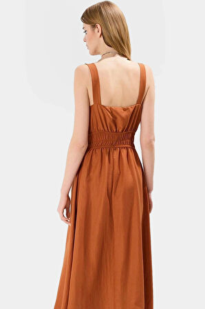 Aksesuar Detaylı Belden Açılan Etekli Maxi Boy Polyester Aerobin Dokuma Elbise Rahat Kullanım