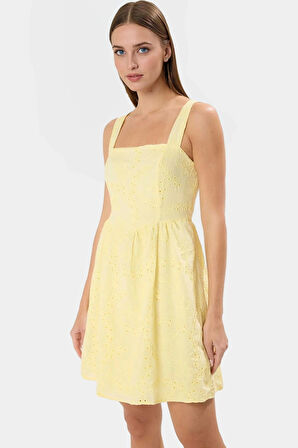 Dokuma Pamuklu Mini Elbise Belden Açılan Etekli Yazlık Mükemmel Uyum Seçkin Malzeme