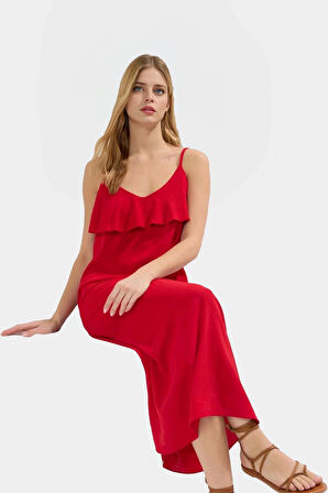 Yazlık Kadın Elbisesi Maxi V Yaka Fırfırlı Düz Kesim  Polyester Özenle Seçilmiş