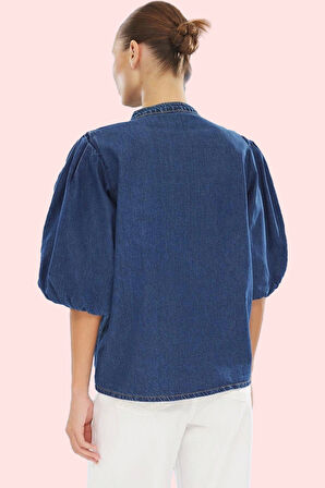 Kadın Denim Gömlek Pamuk Hakim Yaka Balon Kol Volan Detaylı Günlük Kullanım Modern Tasarım