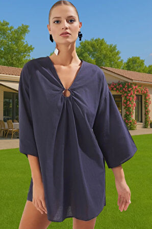 Yazlık Pamuklu Keten Görünümlü Midi Plaj Elbisesi Aksesuarlı Rahat Uzun Ömürlü Konforlu Kesim