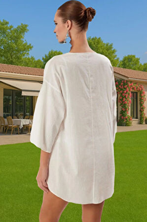 Yazlık Pamuklu Keten Görünümlü Midi Plaj Elbisesi Aksesuarlı Rahat Uzun Ömürlü Konforlu Kesim