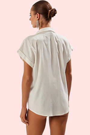 Kadın Yazlık Pamuk Dokuma Plaj Gömleği Rahat Kesim Dik Yaka Günlük Kullanım Modern Tasarım