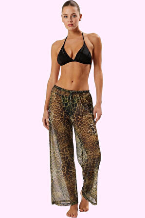 Kadın Uzun Boy Örme Boru Paça Plaj Pantolonu Çok Leopar Desenli Normal Bel Yazlık Günlük Kullanım