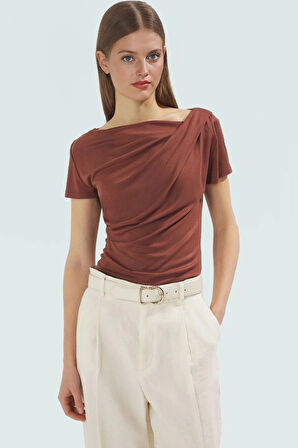 Viskon Ribana Bluz Fitted Vücut Oturma Regular Boy Asimetrik Yaka Özel Tasarım