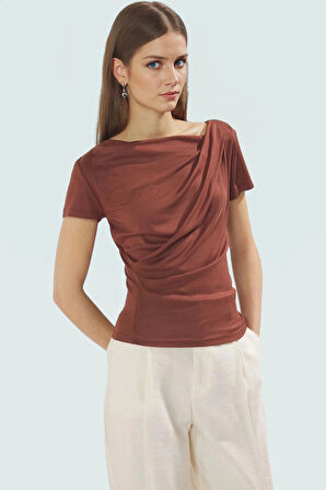 Viskon Ribana Bluz Fitted Vücut Oturma Regular Boy Asimetrik Yaka Özel Tasarım