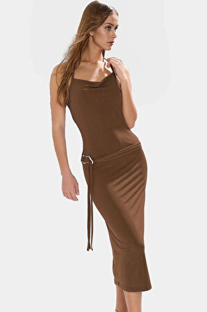 Aksesuarlı Midi Boy Örme Günlük Elbise Polyester Elastan Kumaş Kullanım İçin