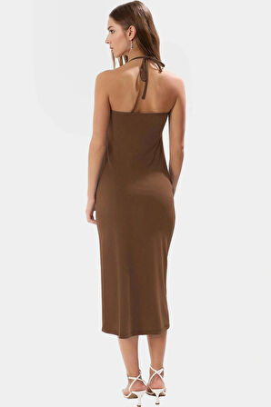 Aksesuarlı Midi Boy Örme Günlük Elbise Polyester Elastan Kumaş Kullanım İçin