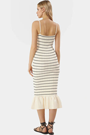 Rahat V Yaka Çizgili Triko Midi Elbise Günlük Yaz Stilleri İçin Polyester Kaliteli İşçilik