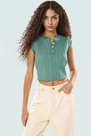 Triko Kumaş Kolsuz Crop Bluz Bisiklet Yaka Ajurlu Rahat Uzun Ömürlü Ve Şık