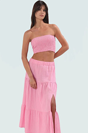 Straplez Bluz Etek Takım Dokulu Kumaş Şık Plaj Stili Seçkin Malzeme Modern Stil Uzun Ömürlü