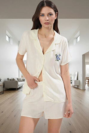 Rahat Kesim Viskoz Pijama Takımı Nakış Detaylı Şortlu Yazlık Konforlu Özel Tasarım