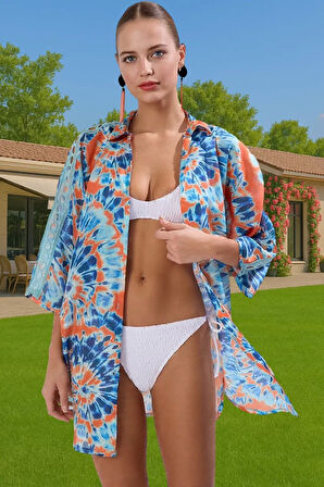 Yazlık %100 Pamuk Mini Plaj Elbisesi Soyut Desenli Truva Kol Detaylı Şık Dayanıklı Malzeme