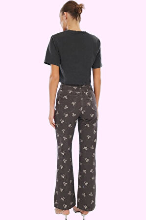 Kadın Baskılı Denim Pantolon Pamuk Yüksek Bel Wide Leg Casual Tarz Yaz Aylarının Vazgeçilmezi