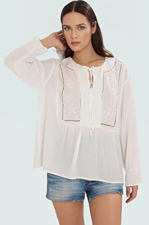 Nakışlı Balon Kol Bluz Rahat Viskon Crinkle Kumaş Günlük Stil Yüksek Kalite Şık Görünüm