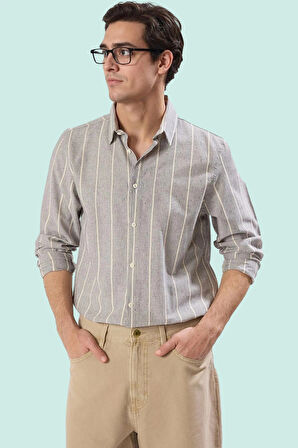 Erkek Pamuk Keten Görünümlü Çizgili Gömlek Şık ve Rahat Günlük Stil Yaz Aylarının Vazgeçilmezi