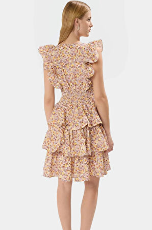 Kolsuz Skater Mini Elbise %Pamuk Poplin Çiçek Desenli Yazlık Günlük Kullanım İçin