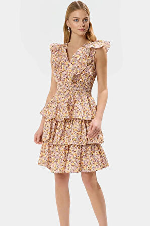 Kolsuz Skater Mini Elbise %Pamuk Poplin Çiçek Desenli Yazlık Günlük Kullanım İçin