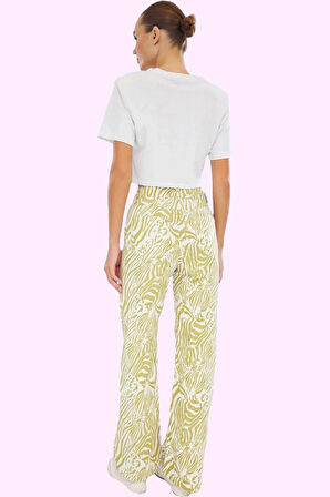 Kadın Pamuklu Animal Desenli Wide Leg Pantolon Rahat Kalıp Günlük Kullanım Kaliteli Malzeme