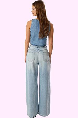 Kadın Pamuk Denim Palazzo Jean Yüksek Bel Geniş Paça Günlük Stil Yaz Aylarının Vazgeçilmezi