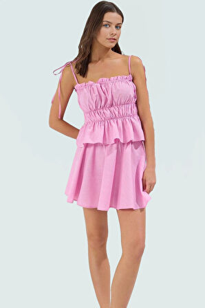 Rahat Yazlık Plaj Takımı Pamuk Mini Bluz Etek Büzgü Detaylı Reglan Kol Günlük Kullanım İçin